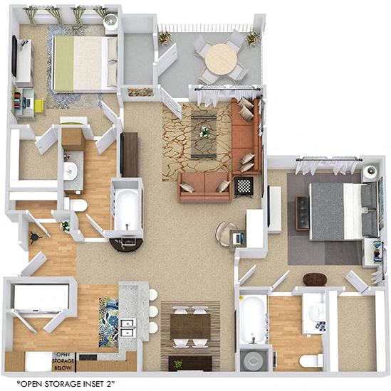 Floor plan for 2 beds, 2 baths, 1102 sqft